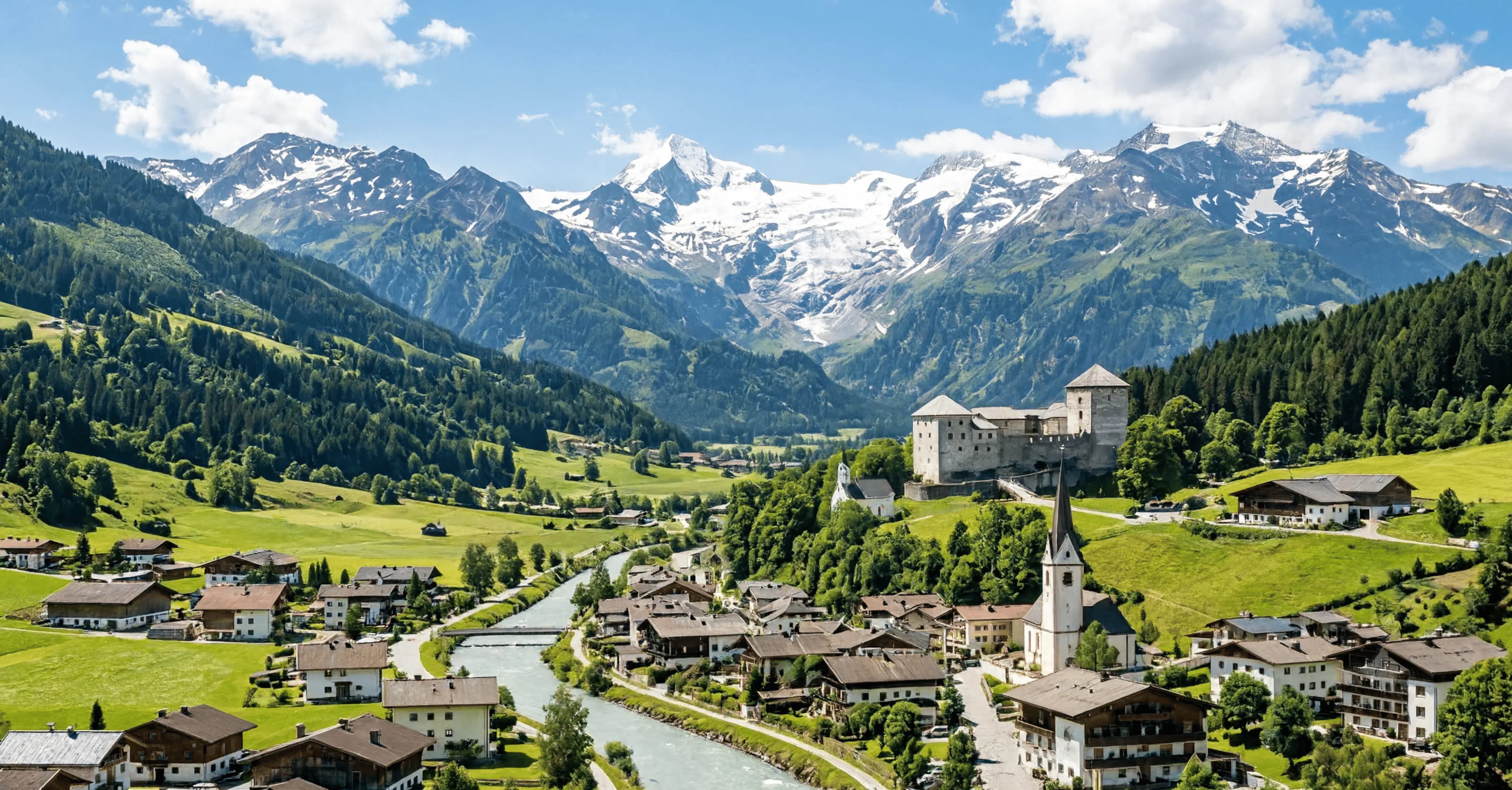 Kaprun village and castle beneath the Hohe Tauern mountains