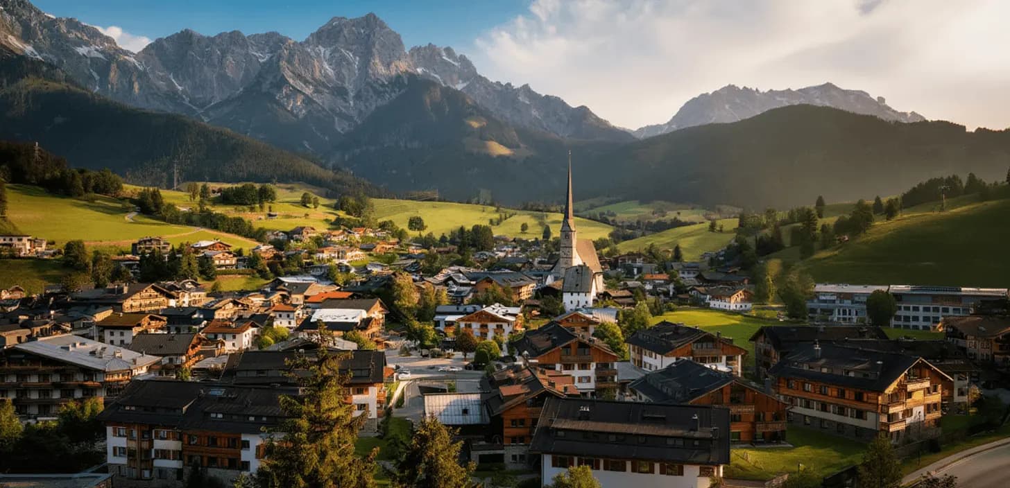 Maria Alm village church beneath the Hochkönig mountain range