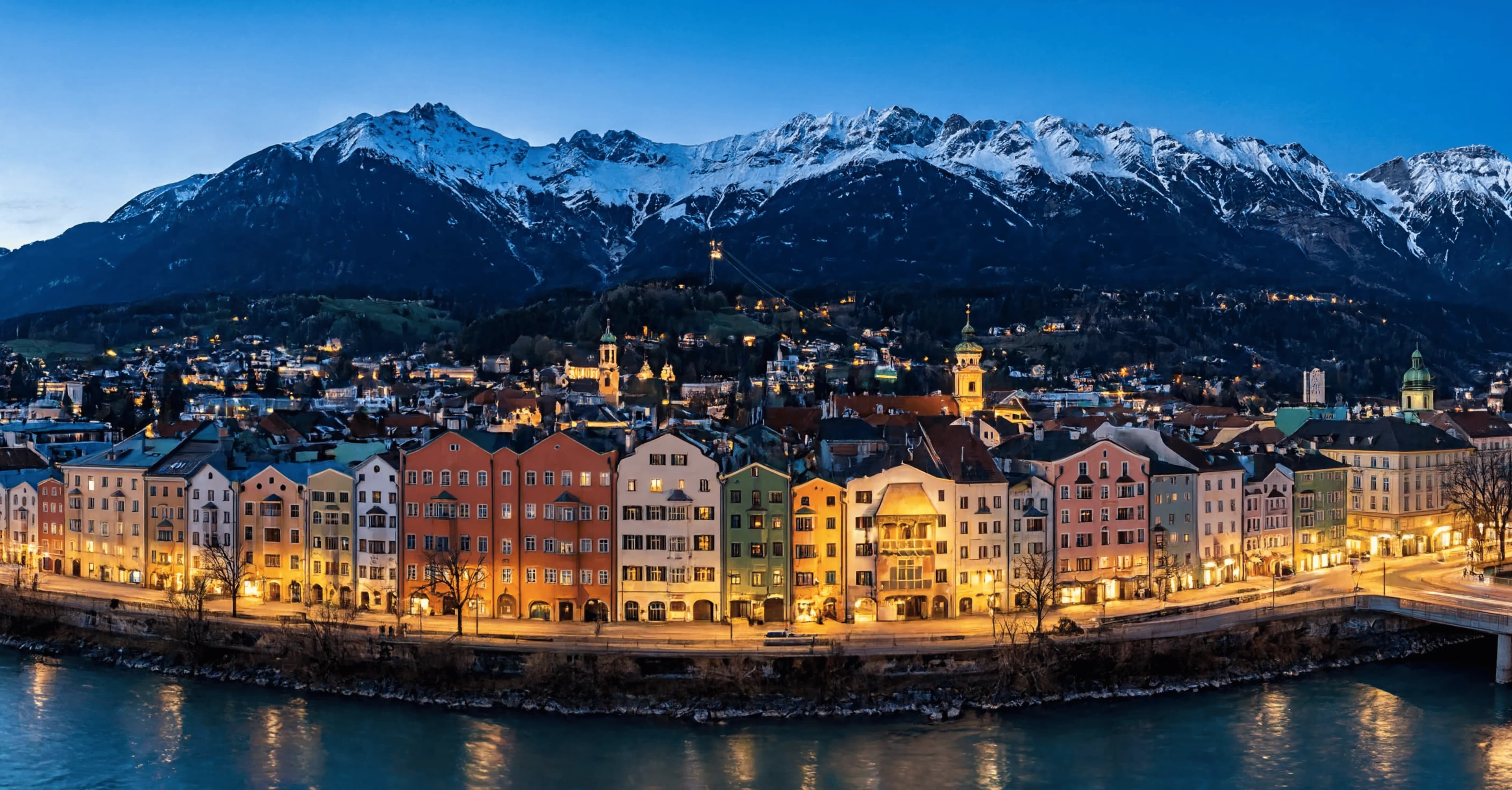 Innsbruck old town and Inn riverside beneath the Nordkette Alps