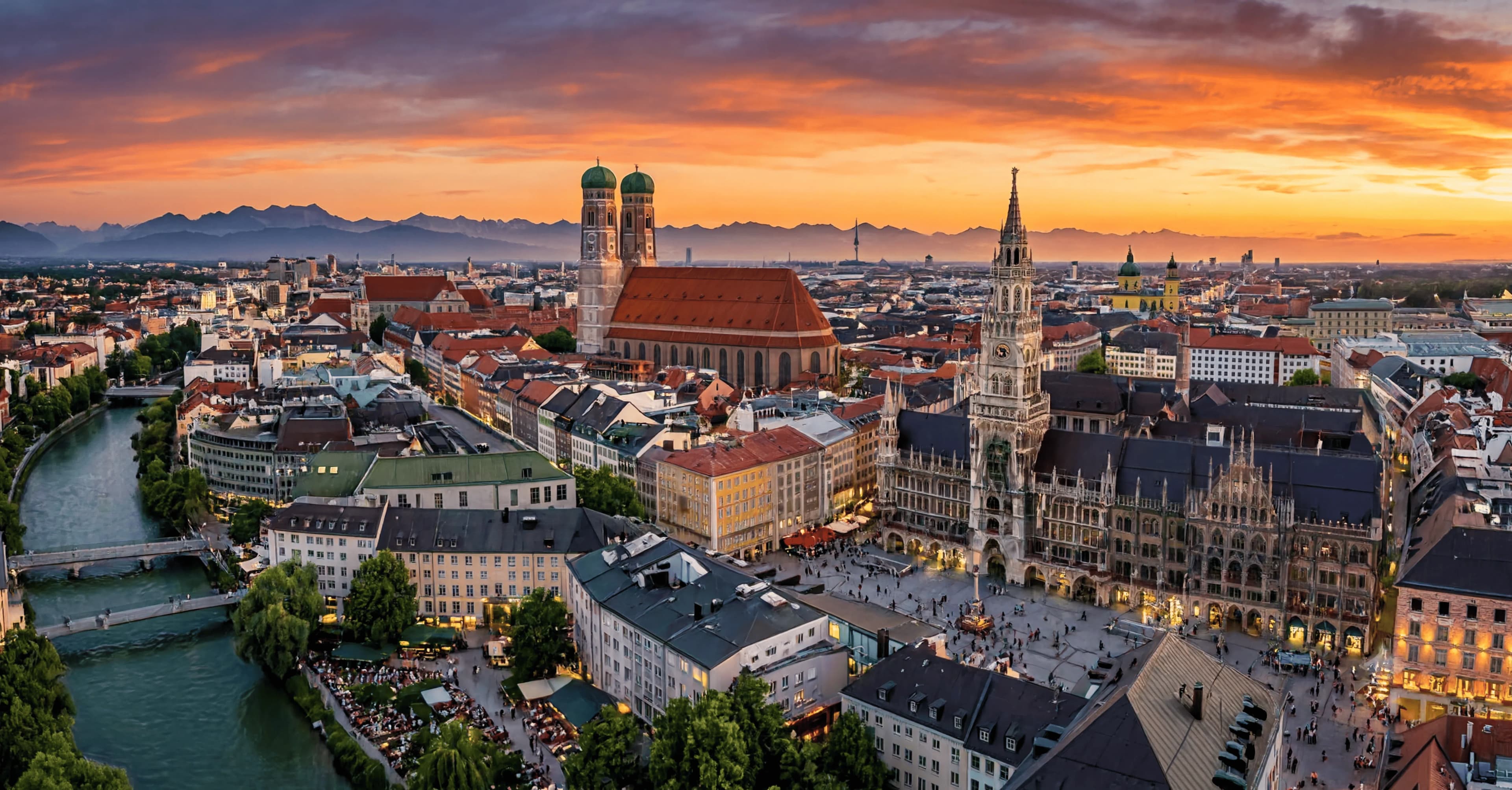 Munich old town skyline and Frauenkirche at sunset
