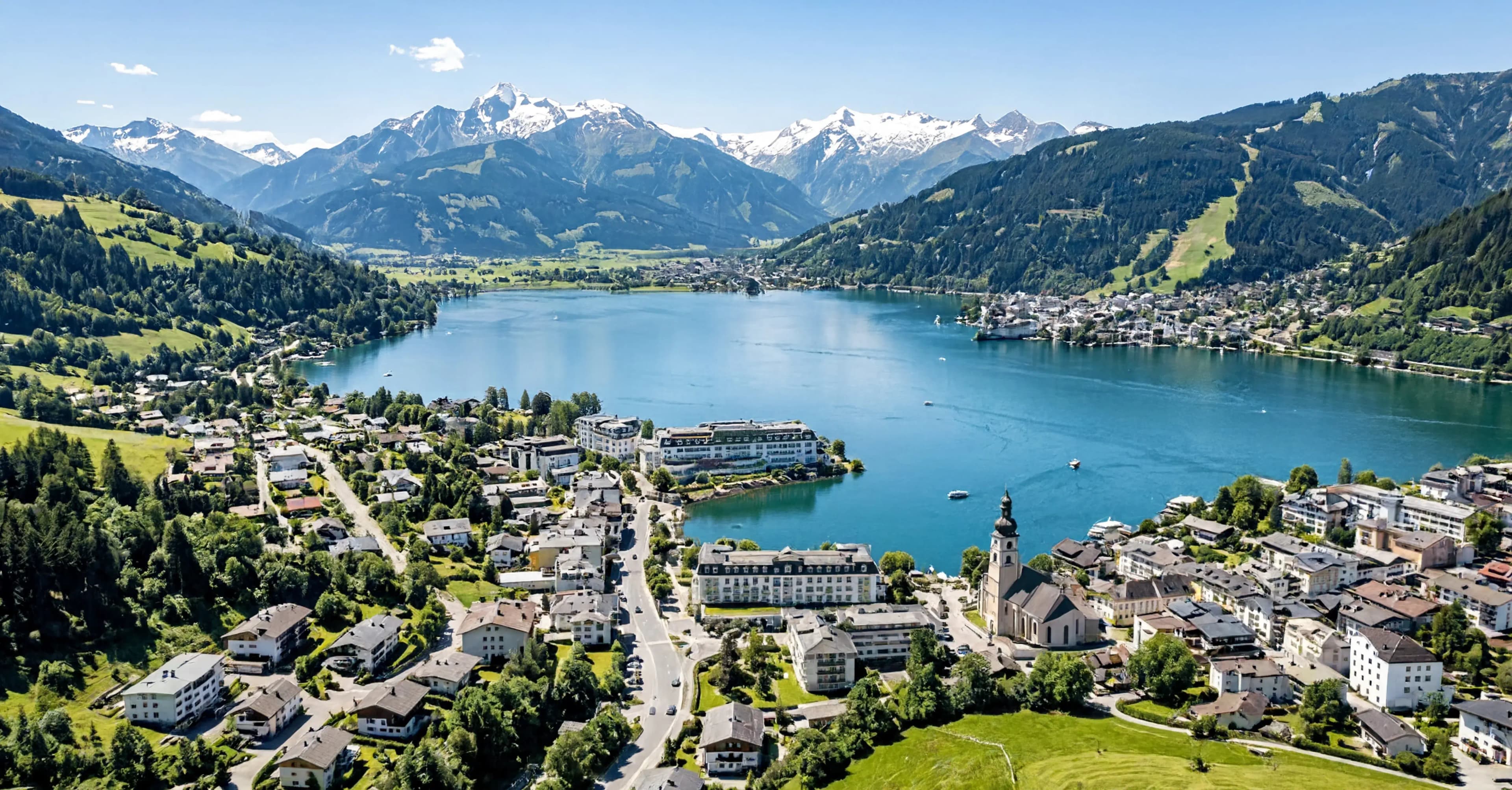 Lake Zell and the Alpine town of Zell am See beneath mountain peaks