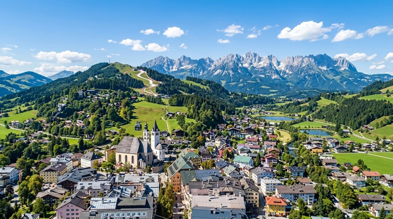 Kitzbühel historic town and ski slopes beneath the Wilder Kaiser