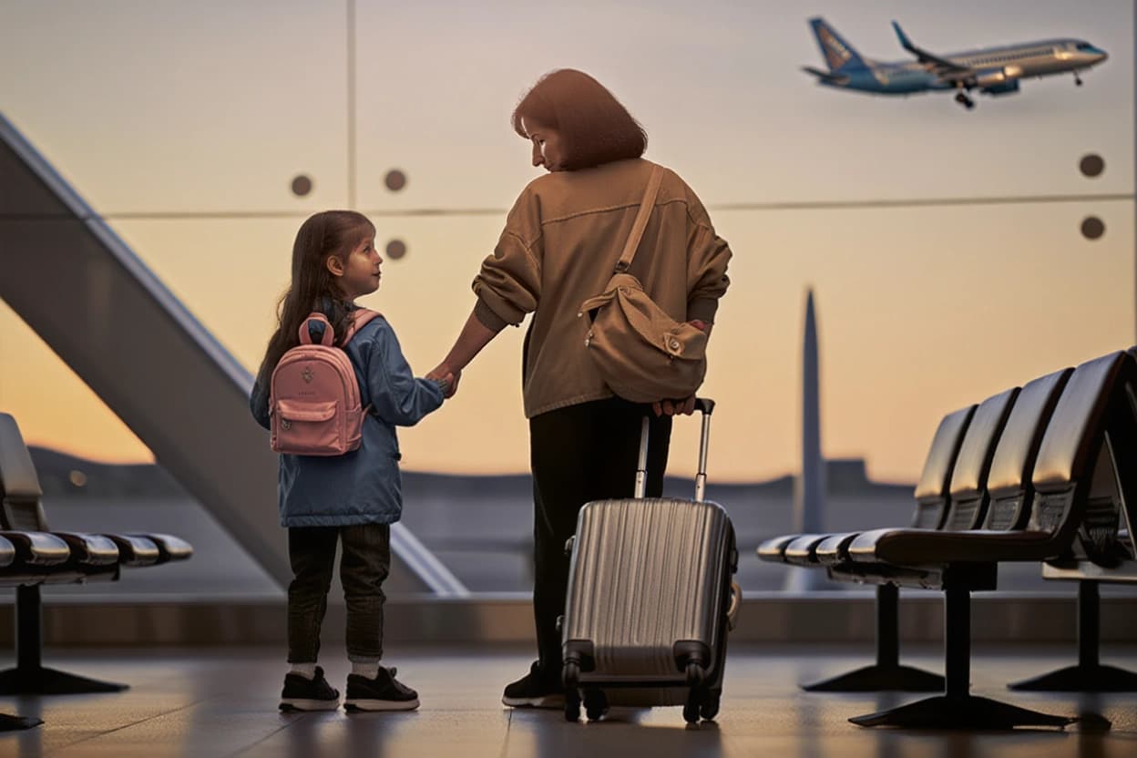 A family waiting at an airport terminal with luggage