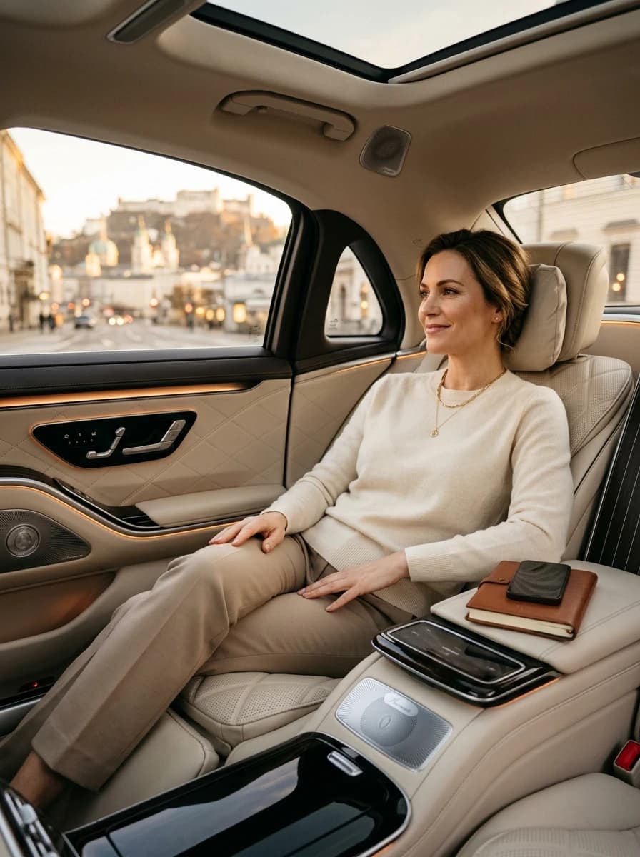 Passenger relaxing in a premium Cab Salzburg chauffeur vehicle with Salzburg's skyline in view