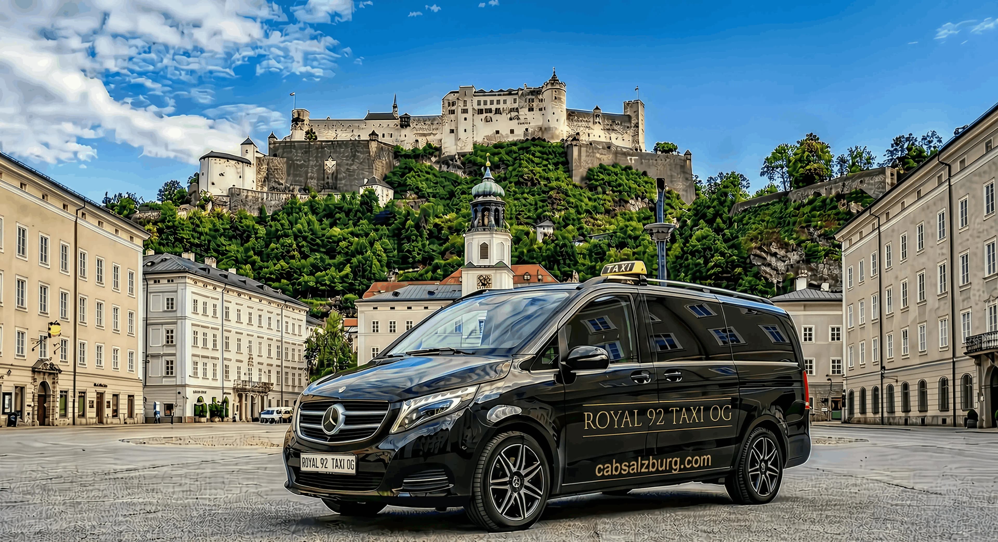 Black passenger van in Salzburg Old Town below Hohensalzburg Fortress